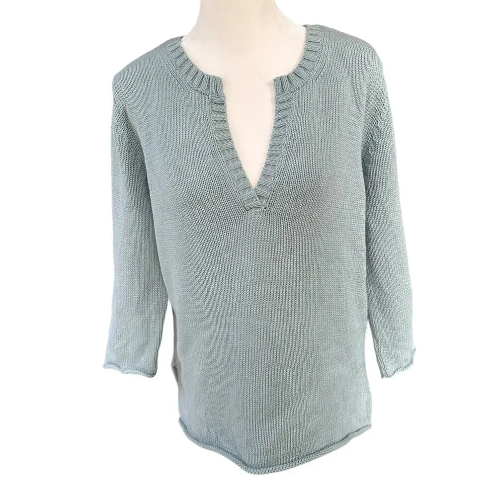 J.Jill‎ Blue V Neck Knit Sweater 3/4 Length Sleeves 100% Cotton Size Med Petite